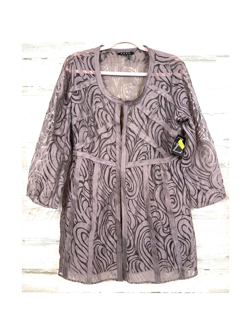 ZOZO L Gray Tan Lace Cardigan Beach Cover Up Sheer Boho NWT